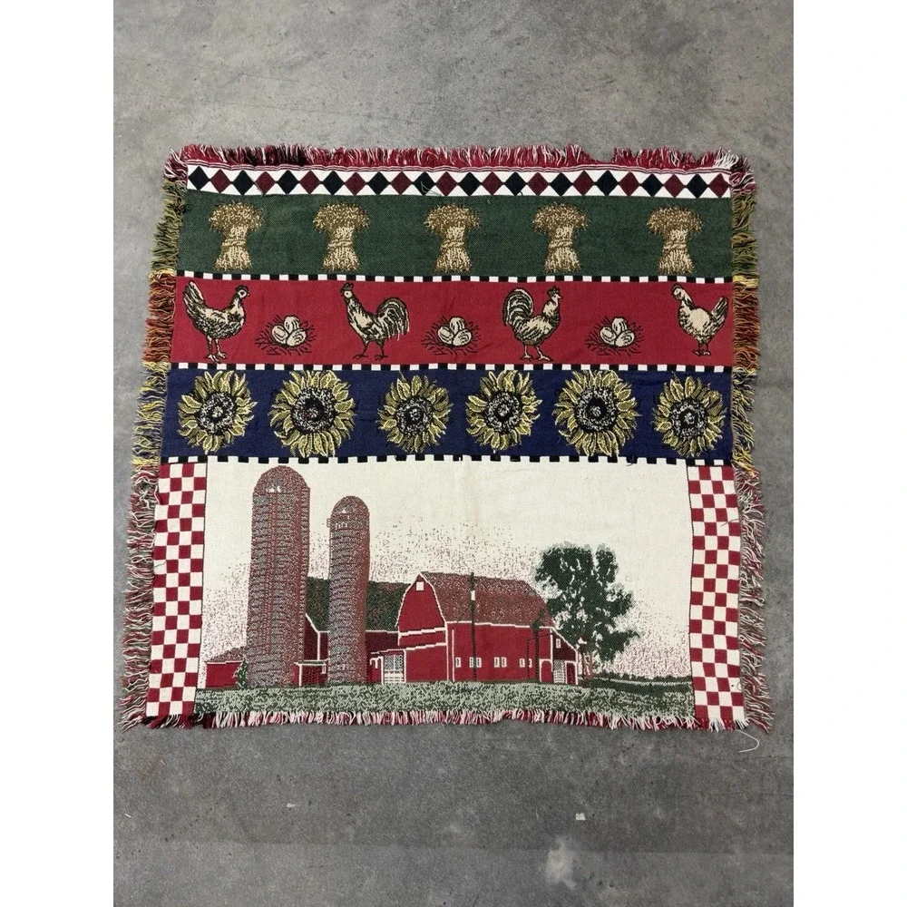 Unbranded farmhouse chicken woven fringe throw blanket 48x48 square